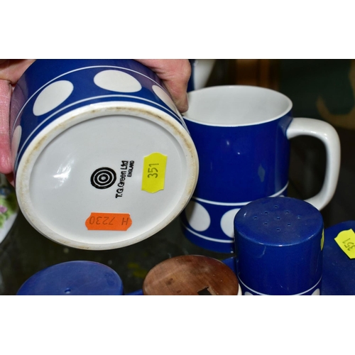 351 - A T.G. GREEN LTD 'JERSEY BLUE', TWO PIECE COFFEE SET, MATCHING CONDIMENT SET ON TRAY AND A PRESERVE ... 