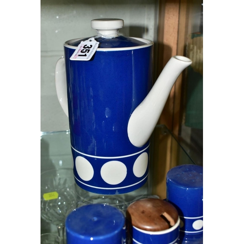 351 - A T.G. GREEN LTD 'JERSEY BLUE', TWO PIECE COFFEE SET, MATCHING CONDIMENT SET ON TRAY AND A PRESERVE ... 