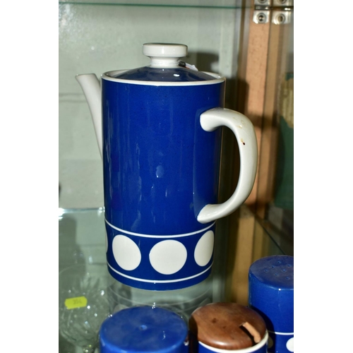 351 - A T.G. GREEN LTD 'JERSEY BLUE', TWO PIECE COFFEE SET, MATCHING CONDIMENT SET ON TRAY AND A PRESERVE ... 