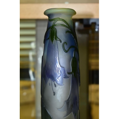 358 - A GALLE CAMEO GLASS VASE OF CONICAL FORM, with circular flattened foot, decorated with purple bell s... 