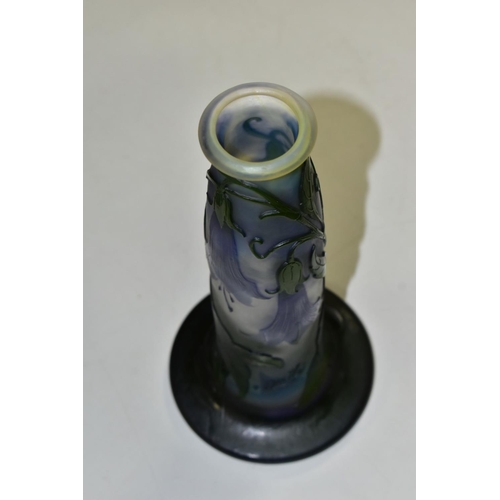 358 - A GALLE CAMEO GLASS VASE OF CONICAL FORM, with circular flattened foot, decorated with purple bell s... 