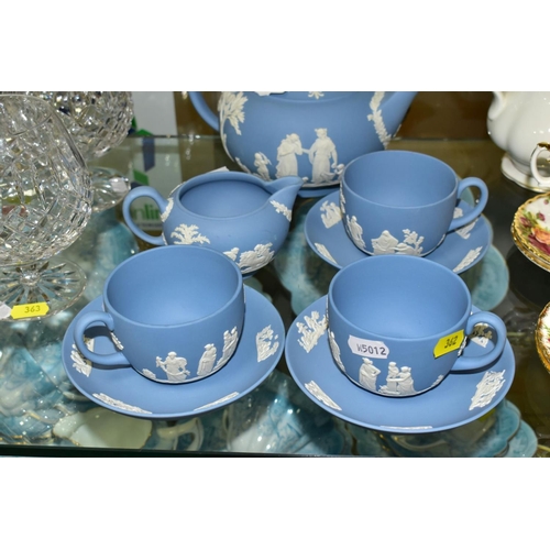 362 - A SMALL COLLECTION OF WEDGWOOD PALE BLUE JASPERWARE, comprising a tea pot and cover and flattened ci... 