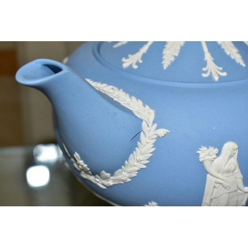 362 - A SMALL COLLECTION OF WEDGWOOD PALE BLUE JASPERWARE, comprising a tea pot and cover and flattened ci... 