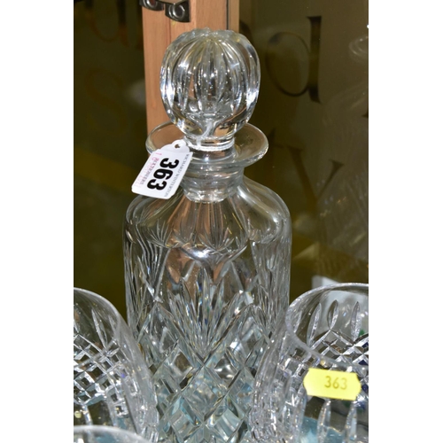 363 - A CUT GLASS DECANTER, of circular form, height 25cm, together with a set of four cut glass brandy ba... 