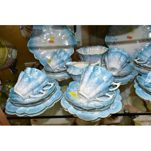 365 - AN EDWARDIAN WILEMAN & CO FOLEY CHINA TRANSFER PRINTED BLUE AND WHITE TEA SET, Neo-classical design ... 