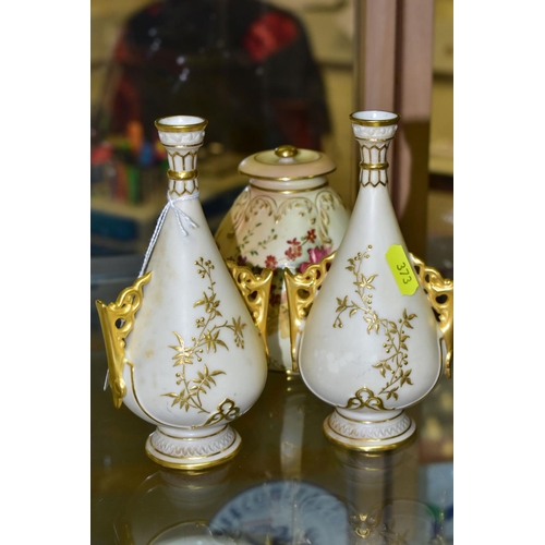 373 - A SMALL COLLECTION OF ROYAL WORCESTER PORCELAIN, comprising a pair of blush ivory conical twin handl... 