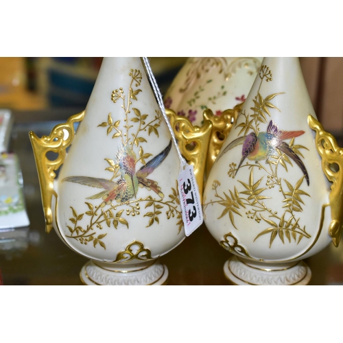 373 - A SMALL COLLECTION OF ROYAL WORCESTER PORCELAIN, comprising a pair of blush ivory conical twin handl... 