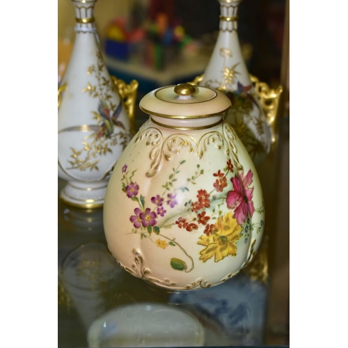 373 - A SMALL COLLECTION OF ROYAL WORCESTER PORCELAIN, comprising a pair of blush ivory conical twin handl... 