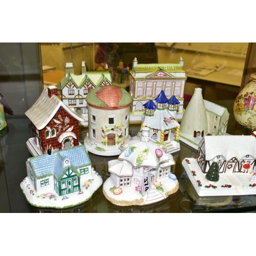 374 - NINE COALPORT FINE BONE CHINA COTTAGES/BUILDINGS, comprising 'The Parasol House' (several flowers ch... 