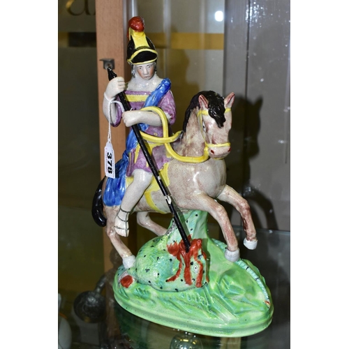 378 - AN EARLY 19TH CENTURY STAFFORDSHIRE PEARLWARE FIGURE GROUP OF ST. GEORGE AND THE DRAGON, modelled mo... 