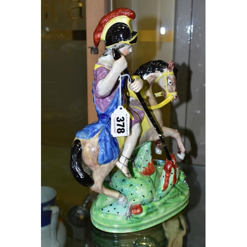 378 - AN EARLY 19TH CENTURY STAFFORDSHIRE PEARLWARE FIGURE GROUP OF ST. GEORGE AND THE DRAGON, modelled mo... 