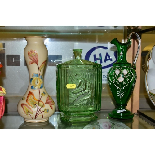 379 - A GROUP OF LATE 19TH AND EARLY 20TH CENTURY COLOURED GLASSWARE, including a moulded green Art Deco s... 