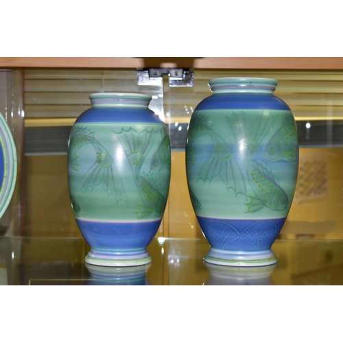 384 - A POOLE STUDIO SALLY TUFFIN BALUSTER VASE AND MATCHING JAR, the baluster vase handpainted with bands... 