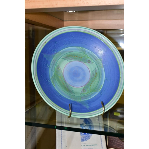 385 - A POOLE STUDIO SALLY TUFFIN FISH PEDESTAL BOWL, hand painted with bands of blue and green with shell... 