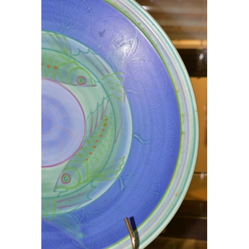 385 - A POOLE STUDIO SALLY TUFFIN FISH PEDESTAL BOWL, hand painted with bands of blue and green with shell... 