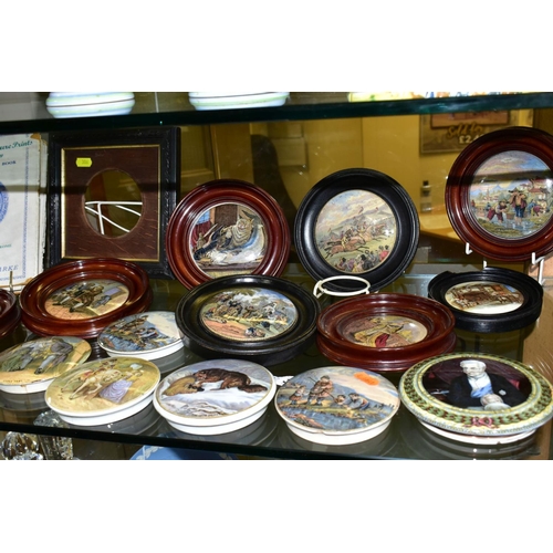 386 - A COLLECTION OF VICTORIAN PRATTWARE AND OTHER POT LIDS, ETC, eight framed, including 'Transplanting ... 