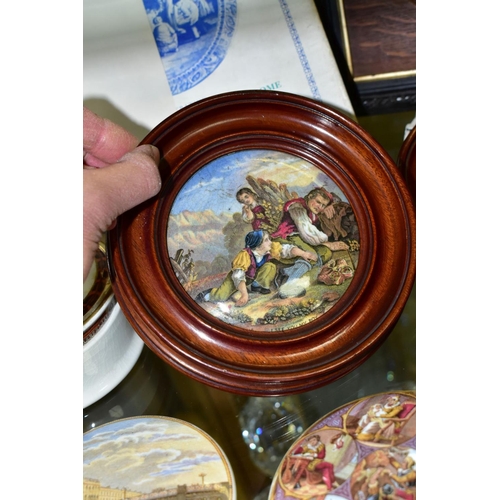 386 - A COLLECTION OF VICTORIAN PRATTWARE AND OTHER POT LIDS, ETC, eight framed, including 'Transplanting ... 