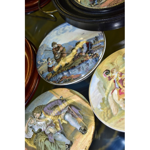 386 - A COLLECTION OF VICTORIAN PRATTWARE AND OTHER POT LIDS, ETC, eight framed, including 'Transplanting ... 