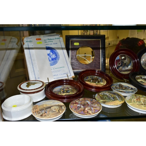 386 - A COLLECTION OF VICTORIAN PRATTWARE AND OTHER POT LIDS, ETC, eight framed, including 'Transplanting ... 