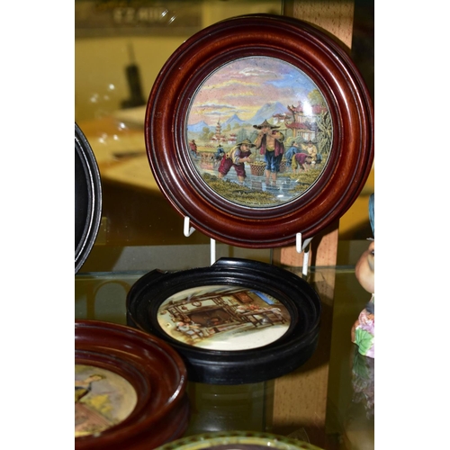 386 - A COLLECTION OF VICTORIAN PRATTWARE AND OTHER POT LIDS, ETC, eight framed, including 'Transplanting ... 