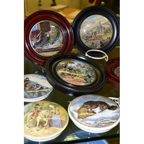 386 - A COLLECTION OF VICTORIAN PRATTWARE AND OTHER POT LIDS, ETC, eight framed, including 'Transplanting ... 