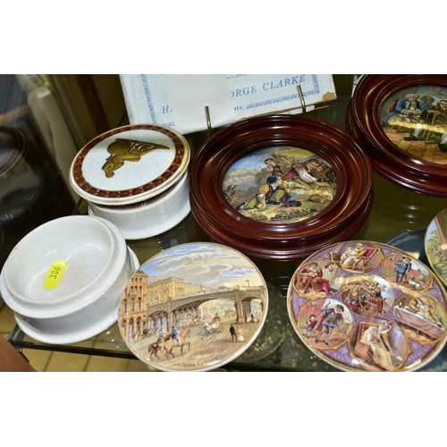 386 - A COLLECTION OF VICTORIAN PRATTWARE AND OTHER POT LIDS, ETC, eight framed, including 'Transplanting ... 