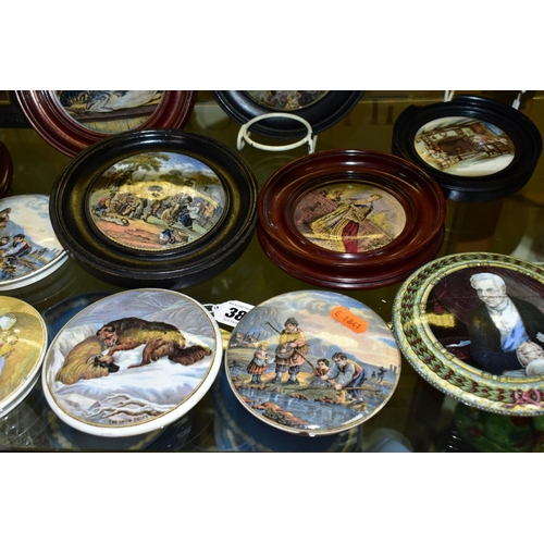 386 - A COLLECTION OF VICTORIAN PRATTWARE AND OTHER POT LIDS, ETC, eight framed, including 'Transplanting ... 