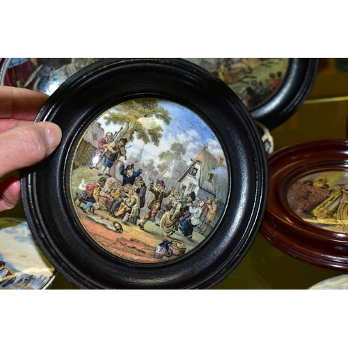 386 - A COLLECTION OF VICTORIAN PRATTWARE AND OTHER POT LIDS, ETC, eight framed, including 'Transplanting ... 