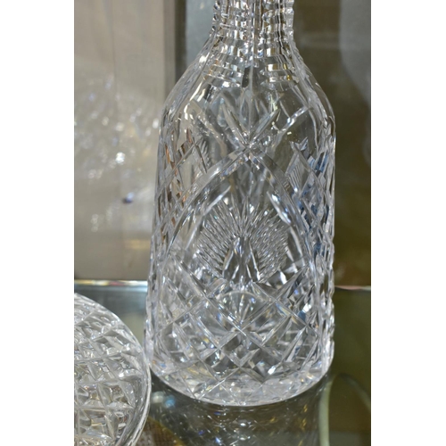 388 - FOUR CUT GLASS DECANTERS, comprising a Waterford ships decanter and stopper and a Waterford mallet s... 