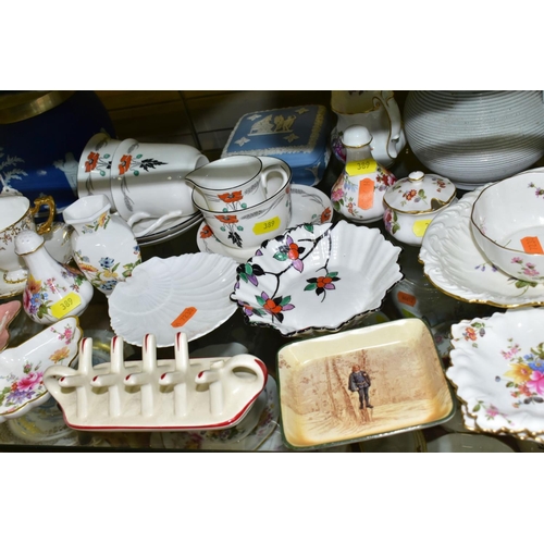 389 - A GROUP OF ASSORTED SHELLEY, ROYAL CROWN DERBY, WEDGWOOD, ETC, to include two Shelley tea cups and s... 