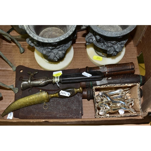 394 - A BOX OF METALWARES, including four vintage meat cleavers, a Victorian ham hock brace, a pair of 19t... 