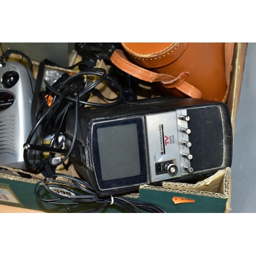 398 - A BOX OF CASED AND LOOSE BINOCULARS, ELECTRICAL METERS, COINS, ETC, including a mid 20th century mah... 