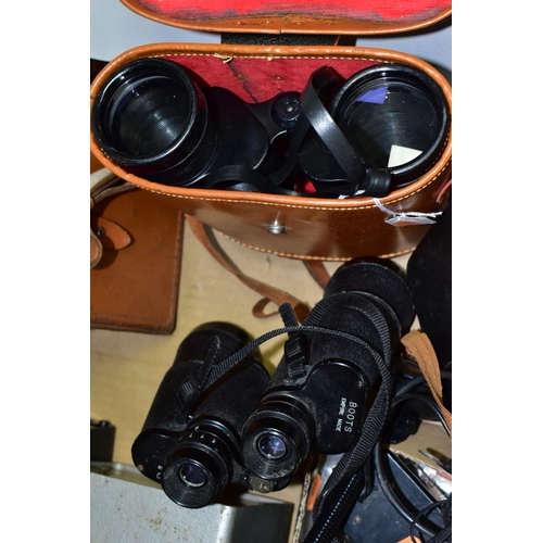 398 - A BOX OF CASED AND LOOSE BINOCULARS, ELECTRICAL METERS, COINS, ETC, including a mid 20th century mah... 