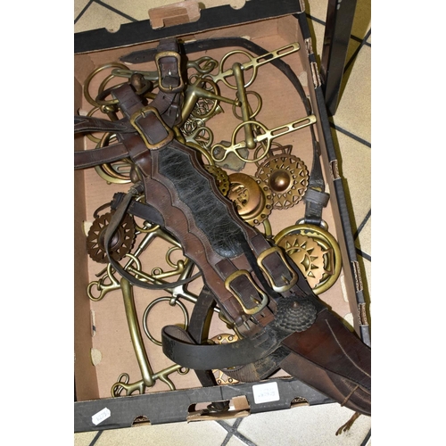 399 - A BOX OF HEAVY HORSE TACK AND HORSE BRASSES, including a halter with brass bit attached and decorati... 