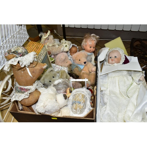 400 - A QUANTITY OF COLLECTORS DOLLS, SOFT TOYS AND WHITE PAINTED DOLL'S PRAM, including a boxed Royal Dou... 