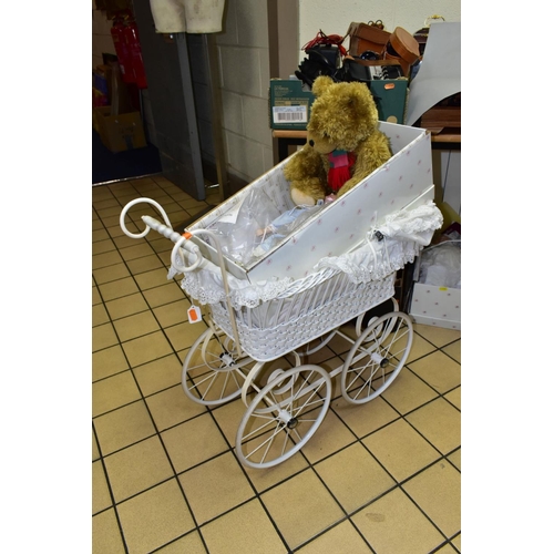 400 - A QUANTITY OF COLLECTORS DOLLS, SOFT TOYS AND WHITE PAINTED DOLL'S PRAM, including a boxed Royal Dou... 