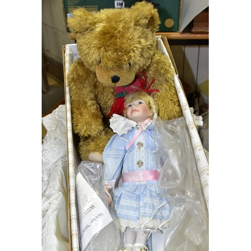 400 - A QUANTITY OF COLLECTORS DOLLS, SOFT TOYS AND WHITE PAINTED DOLL'S PRAM, including a boxed Royal Dou... 