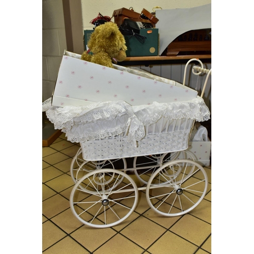 400 - A QUANTITY OF COLLECTORS DOLLS, SOFT TOYS AND WHITE PAINTED DOLL'S PRAM, including a boxed Royal Dou... 