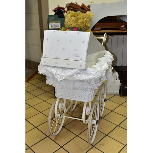 400 - A QUANTITY OF COLLECTORS DOLLS, SOFT TOYS AND WHITE PAINTED DOLL'S PRAM, including a boxed Royal Dou... 