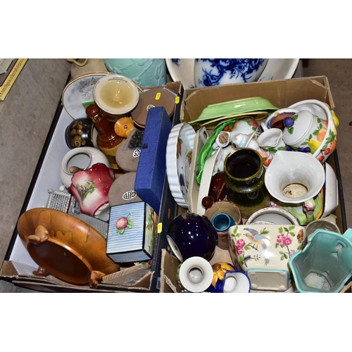 408 - SIX BOXES AND LOOSE OF ASSORTED CERAMICS, including Beswick 1068 Palm Tree jug, Prinknash tankard, M... 