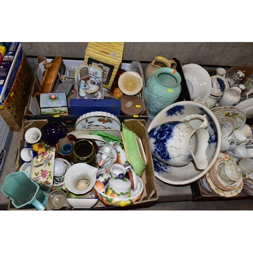 408 - SIX BOXES AND LOOSE OF ASSORTED CERAMICS, including Beswick 1068 Palm Tree jug, Prinknash tankard, M... 