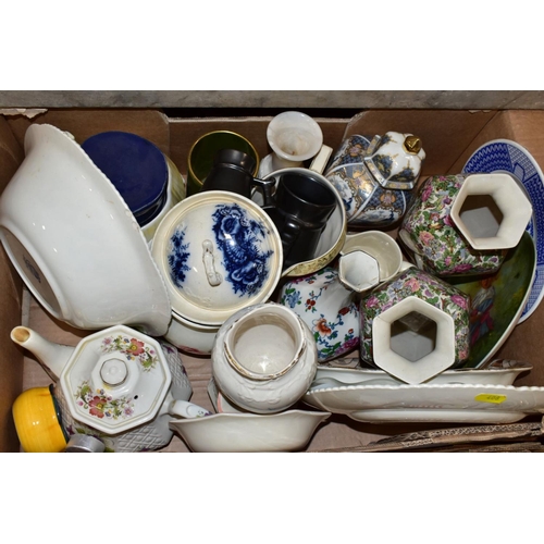 408 - SIX BOXES AND LOOSE OF ASSORTED CERAMICS, including Beswick 1068 Palm Tree jug, Prinknash tankard, M... 