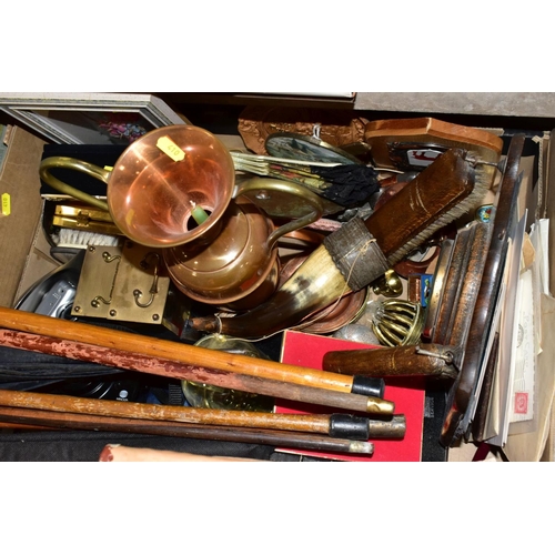 410 - FIVE BOXES AND LOOSE OF MISCELLANEOUS ITEMS, including treen, pictures, books, metalware, clocks, et... 