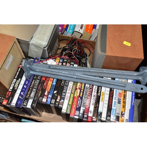 411 - FOUR BOXES OF DVD'S, CD'S, BOOKS ETC, including a Sony HP3 CD player and speakers (not tested), over... 