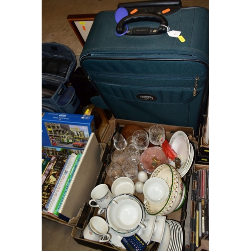 412 - THREE BOXES AND LOOSE CERAMICS, GLASS, BOOKS, CD'S, A SUITCASE, ETC, including Royal Doulton Juno pa... 