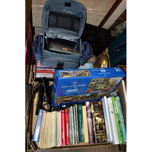 412 - THREE BOXES AND LOOSE CERAMICS, GLASS, BOOKS, CD'S, A SUITCASE, ETC, including Royal Doulton Juno pa... 