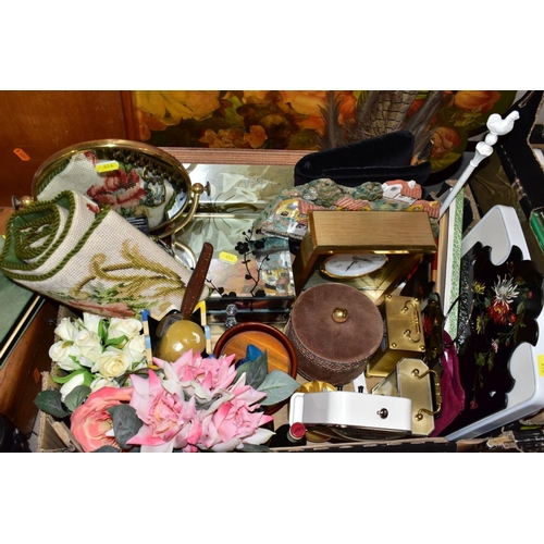 414 - TWO BOXES AND LOOSE OF METALWARE, TREEN, MISCELLANEOUS ITEMS, ETC, including EPNS trays and galeried... 