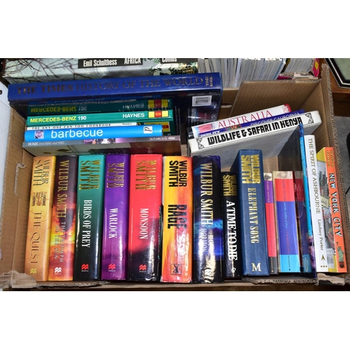 415 - SEVEN BOXES OF ASSORTED BOOKS, including novels, cookery books, DIY books, motoring interest etc, ap... 