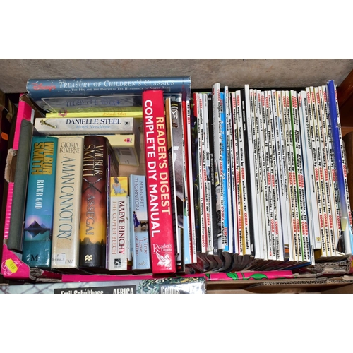 415 - SEVEN BOXES OF ASSORTED BOOKS, including novels, cookery books, DIY books, motoring interest etc, ap... 