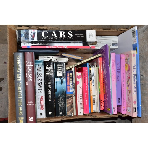 415 - SEVEN BOXES OF ASSORTED BOOKS, including novels, cookery books, DIY books, motoring interest etc, ap... 